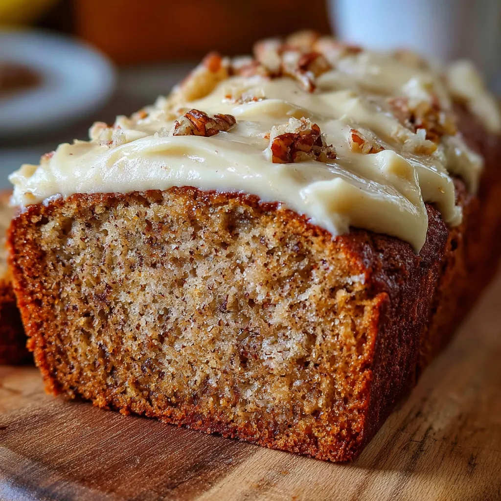 Hummingbird Bread topped with creamy cinnamon frosting and chopped pecans on a wooden cutting board.