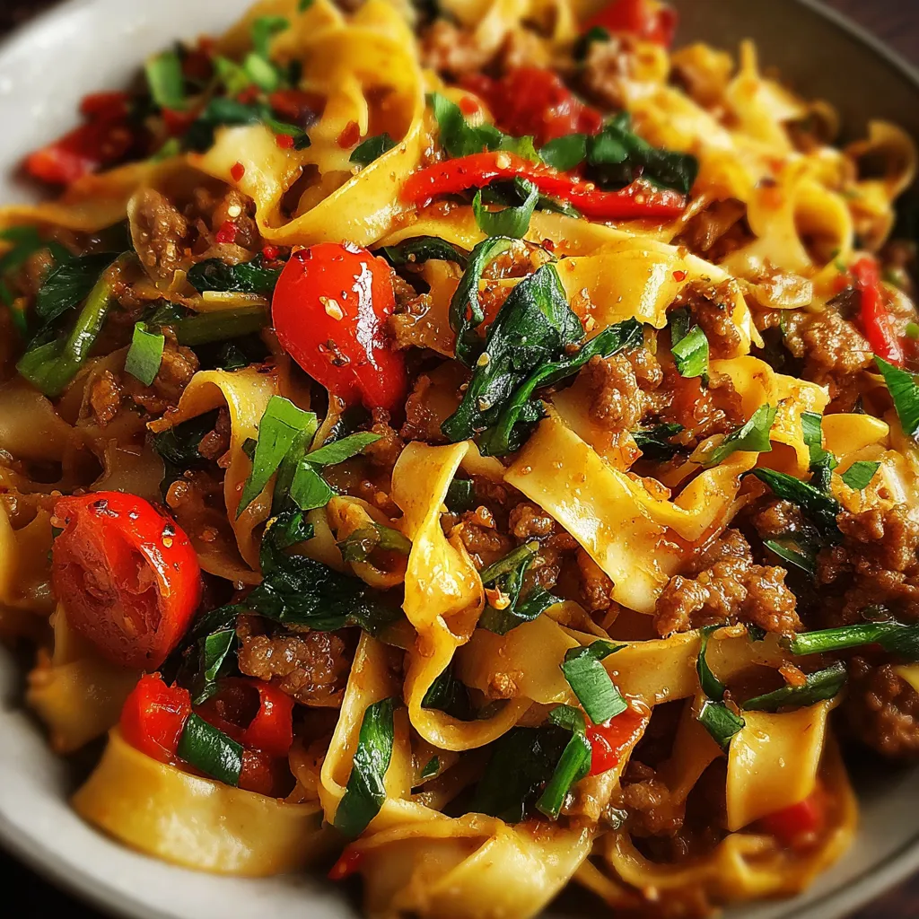 Italian Drunken Noodles with fresh basil and Parmesan in a skillet