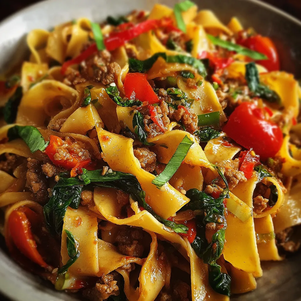 Italian Drunken Noodles with fresh basil and Parmesan in a skillet