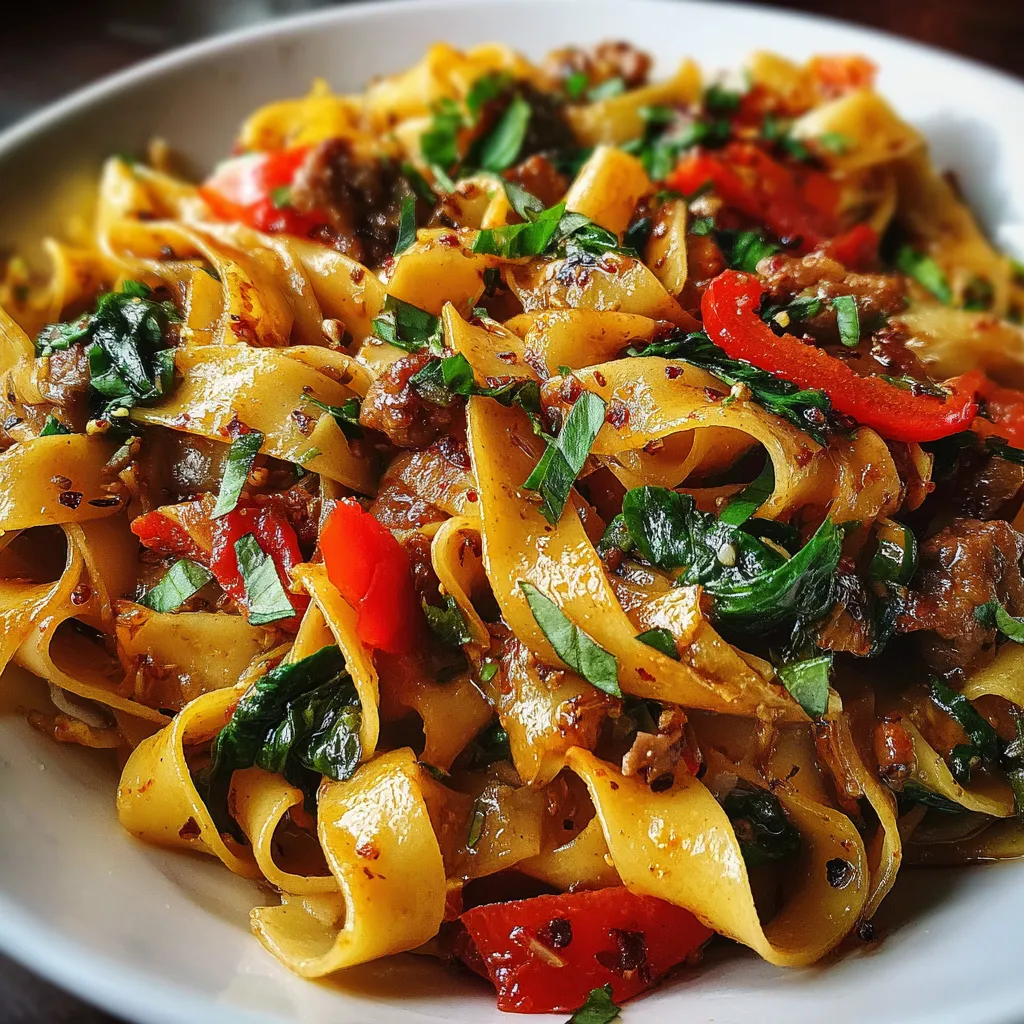Italian Drunken Noodles with fresh basil and Parmesan in a skillet