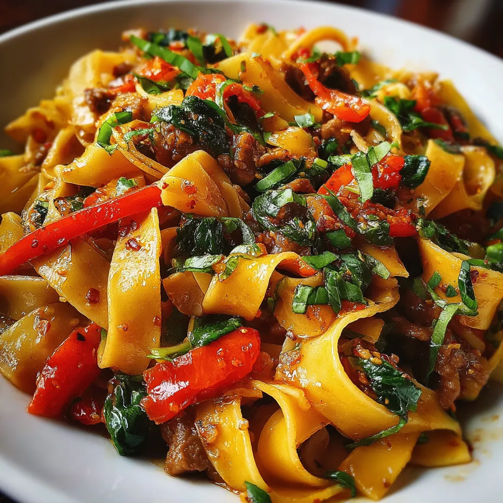 Italian Drunken Noodles with fresh basil and Parmesan in a skillet
