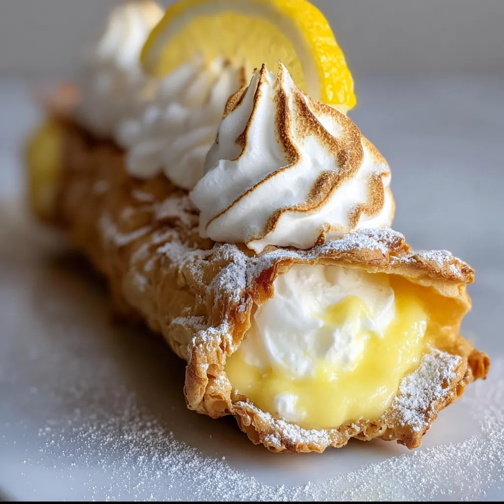 Lemon Meringue Pie Cannoli with toasted meringue and lemon zest garnish.