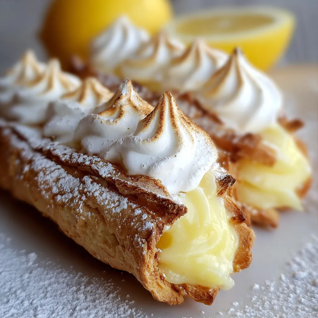 Lemon Meringue Pie Cannoli with toasted meringue and lemon zest garnish.