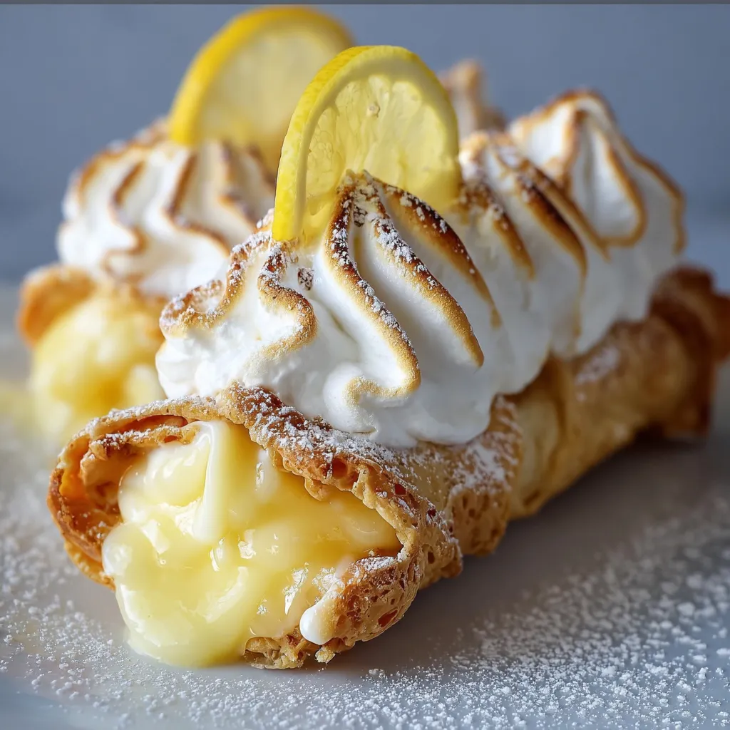 Lemon Meringue Pie Cannoli with toasted meringue and lemon zest garnish.