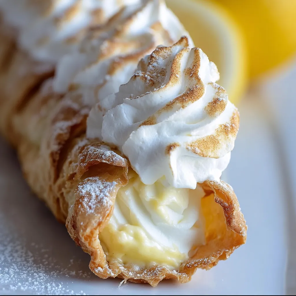 Lemon Meringue Pie Cannoli with toasted meringue and lemon zest garnish.