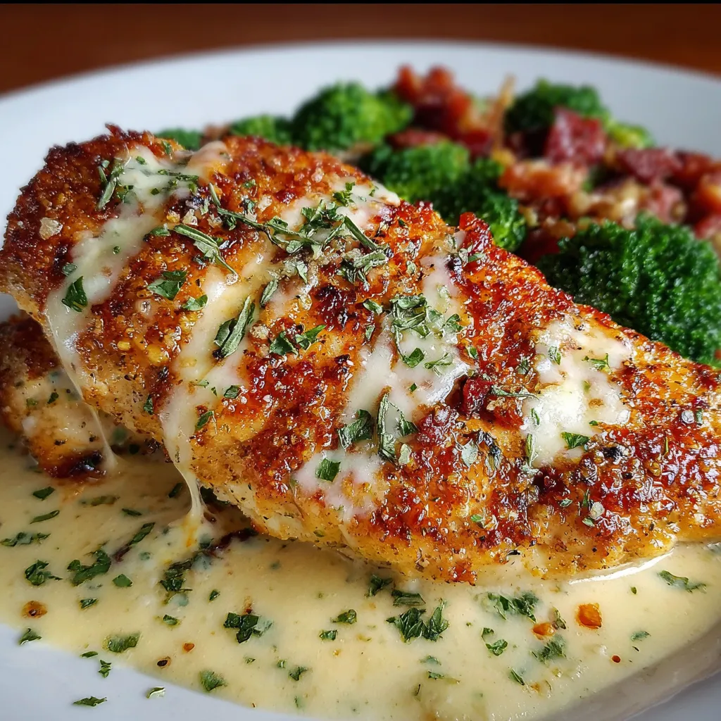 Juicy LongHorn Parmesan Crusted Chicken with golden panko topping and melted cheese on a white plate