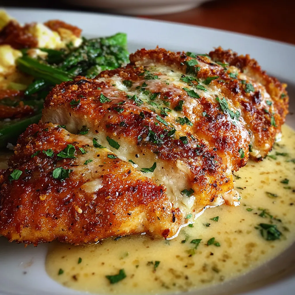 Juicy LongHorn Parmesan Crusted Chicken with golden panko topping and melted cheese on a white plate