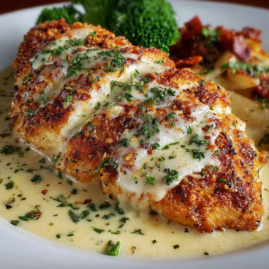Juicy LongHorn Parmesan Crusted Chicken with golden panko topping and melted cheese on a white plate