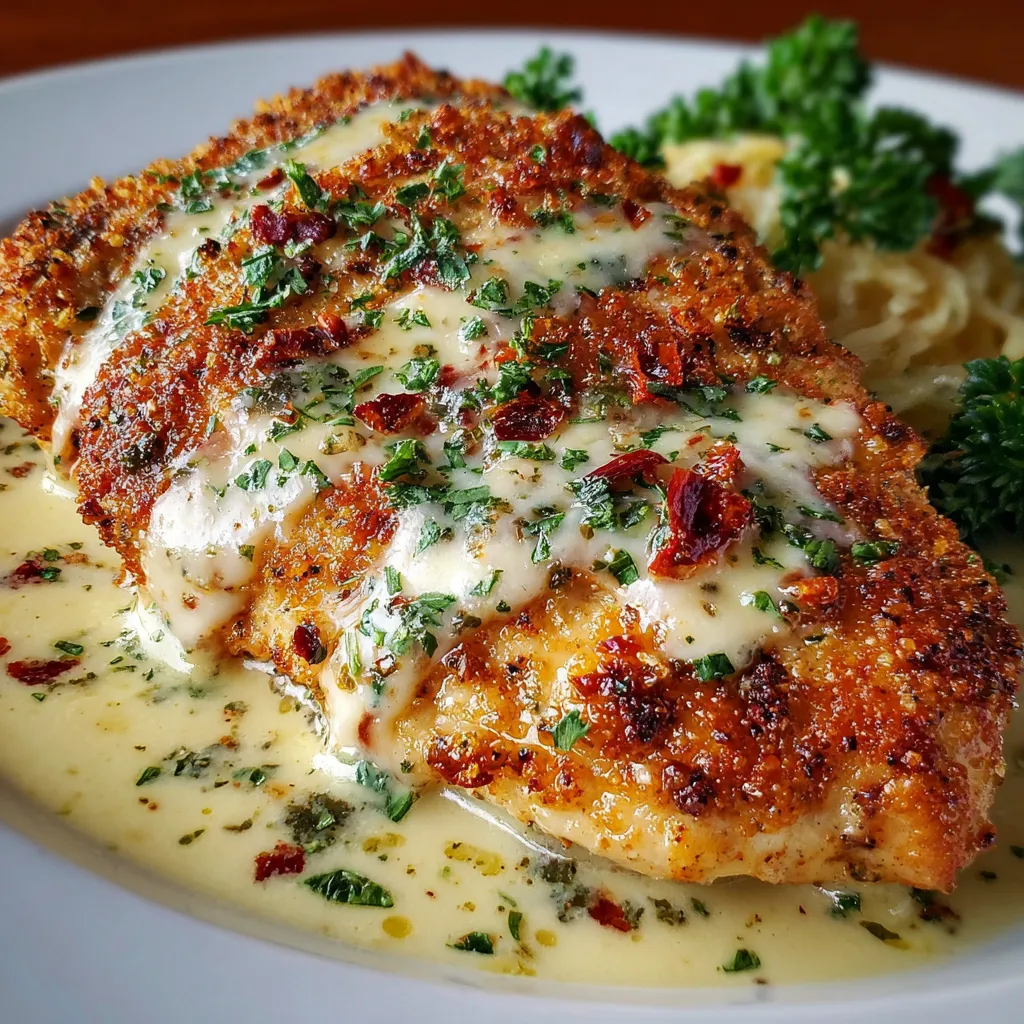 Juicy LongHorn Parmesan Crusted Chicken with golden panko topping and melted cheese on a white plate