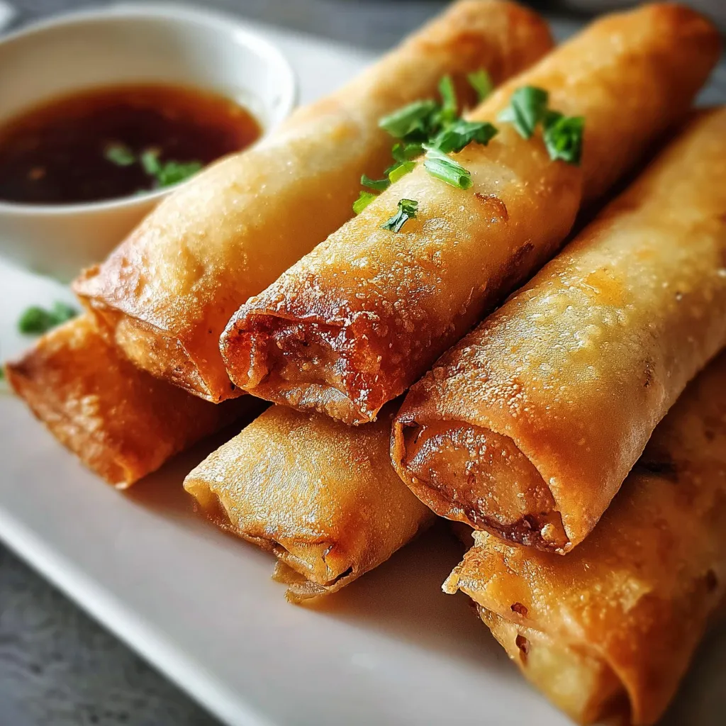 Crispy golden Lumpia (Filipino Spring Rolls) stacked on a plate with dipping sauce.