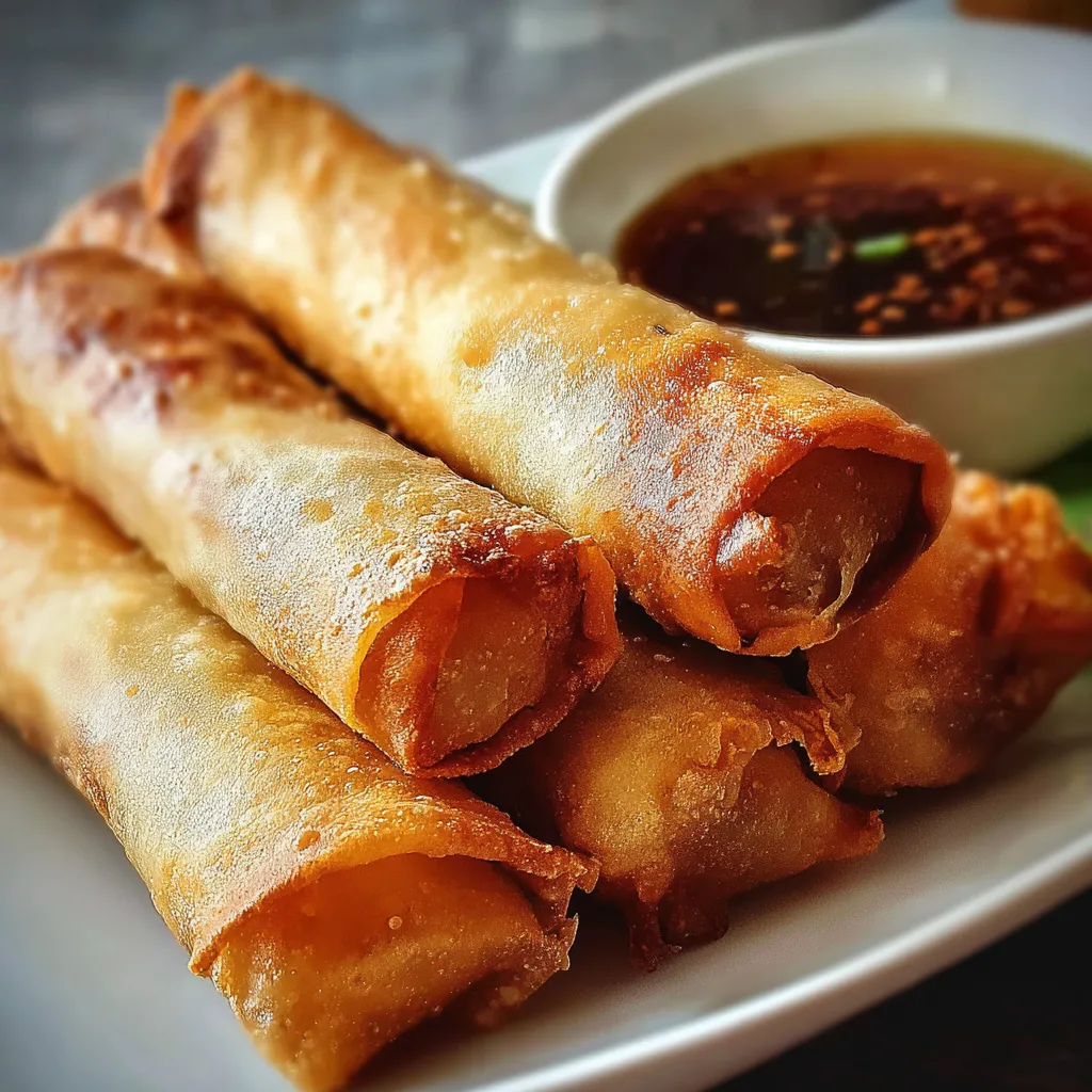 Crispy golden Lumpia (Filipino Spring Rolls) stacked on a plate with dipping sauce.
