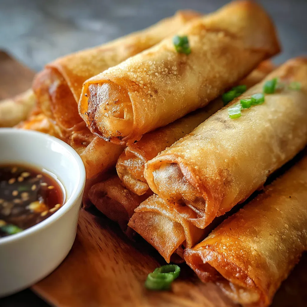 Crispy golden Lumpia (Filipino Spring Rolls) stacked on a plate with dipping sauce.