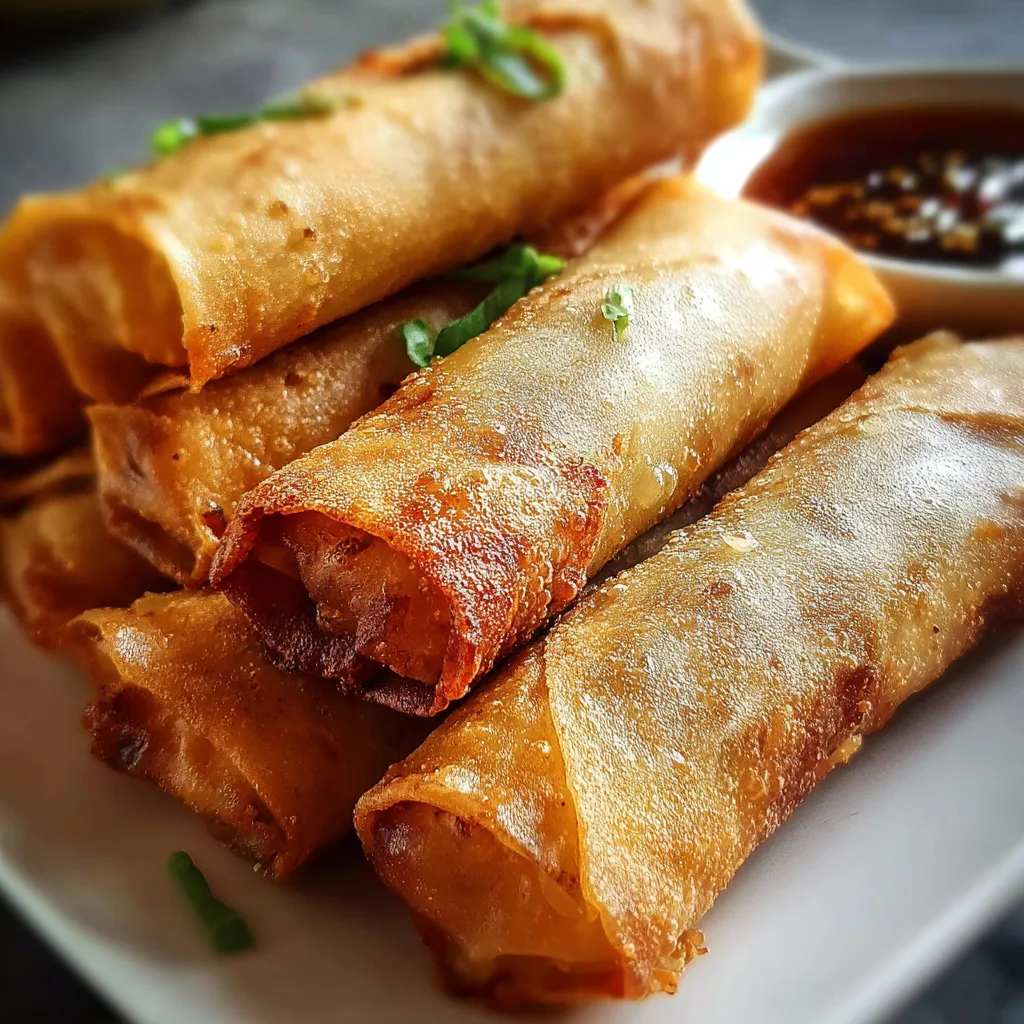 Crispy golden Lumpia (Filipino Spring Rolls) stacked on a plate with dipping sauce.