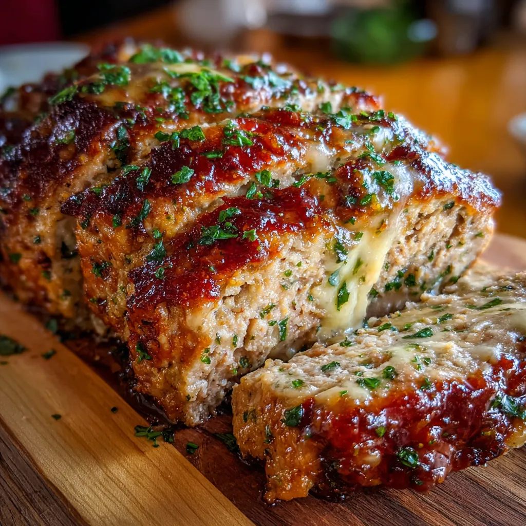 Sliced garlic Parmesan chicken meatloaf on a plate, topped with melted cheese and herbs