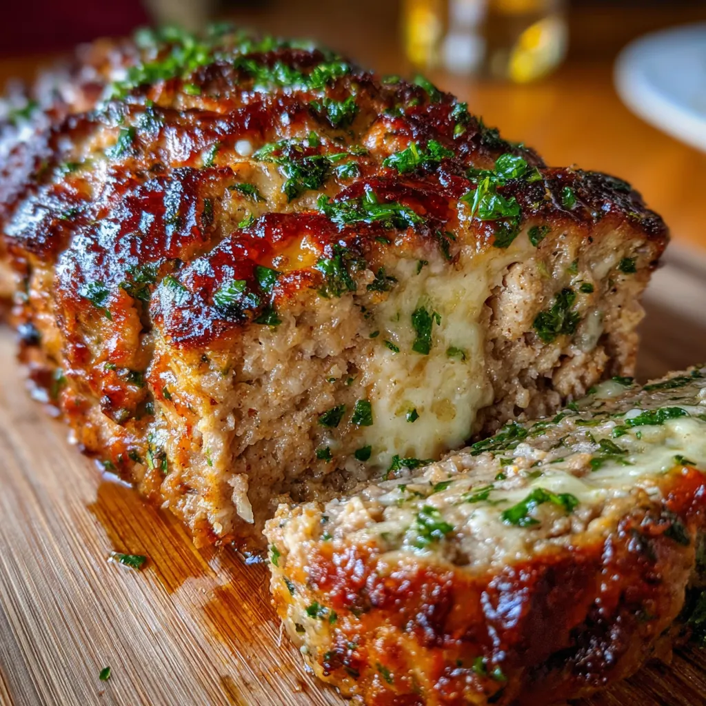 Sliced garlic Parmesan chicken meatloaf on a plate, topped with melted cheese and herbs