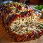 Sliced garlic Parmesan chicken meatloaf on a plate, topped with melted cheese and herbs