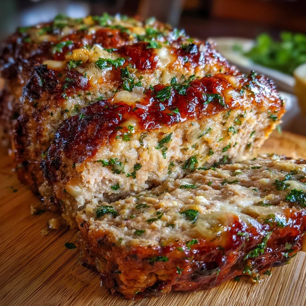 Sliced garlic Parmesan chicken meatloaf on a plate, topped with melted cheese and herbs