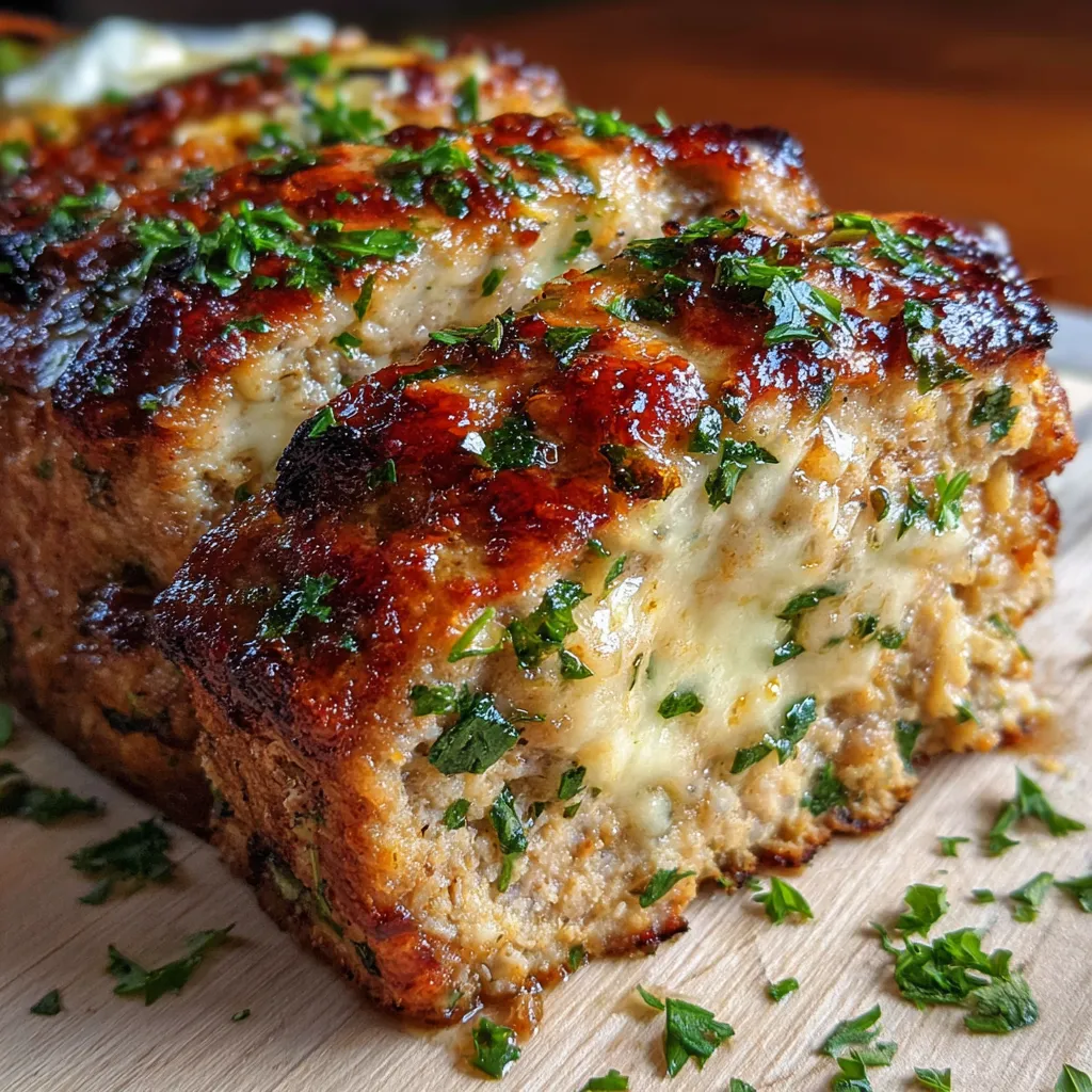 Sliced garlic Parmesan chicken meatloaf on a plate, topped with melted cheese and herbs
