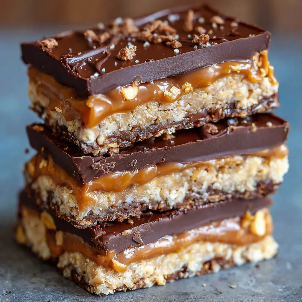 A batch of no bake crispy Snickers bars with melted chocolate topping, sliced into squares on parchment paper.