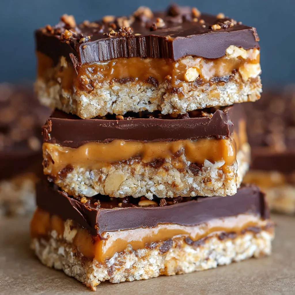 A batch of no bake crispy Snickers bars with melted chocolate topping, sliced into squares on parchment paper.