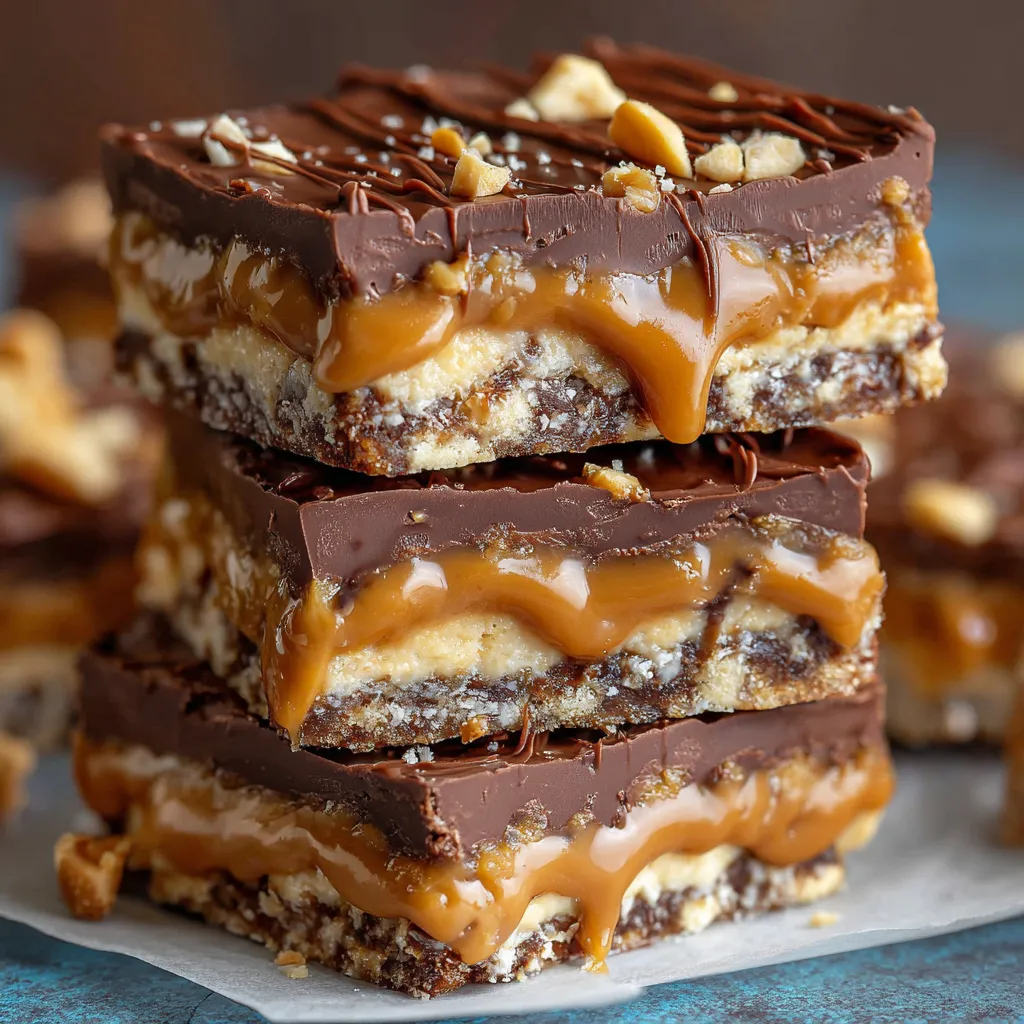 A batch of no bake crispy Snickers bars with melted chocolate topping, sliced into squares on parchment paper.