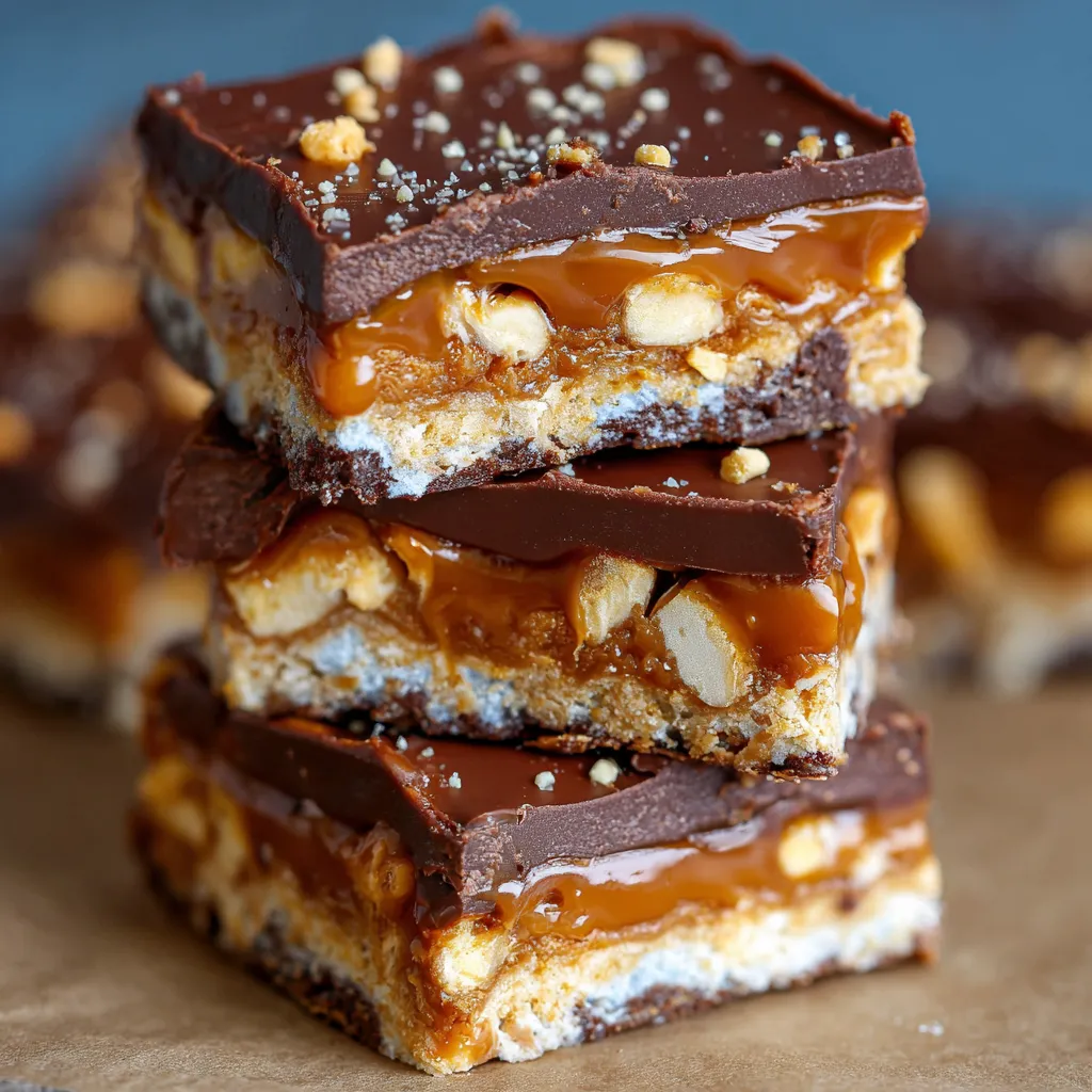A batch of no bake crispy Snickers bars with melted chocolate topping, sliced into squares on parchment paper.