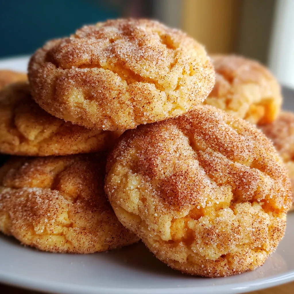 Close-up of soft, chewy peach snickerdoodle cookies coated in cinnamon sugar, with visible peach chunks.