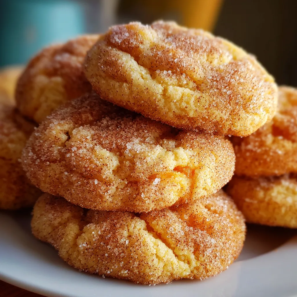 Close-up of soft, chewy peach snickerdoodle cookies coated in cinnamon sugar, with visible peach chunks.