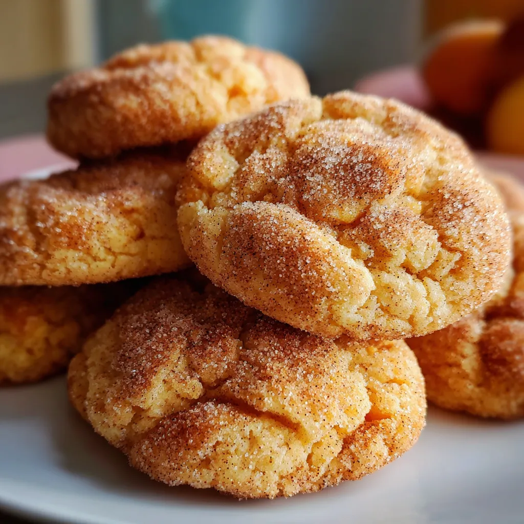 Close-up of soft, chewy peach snickerdoodle cookies coated in cinnamon sugar, with visible peach chunks.