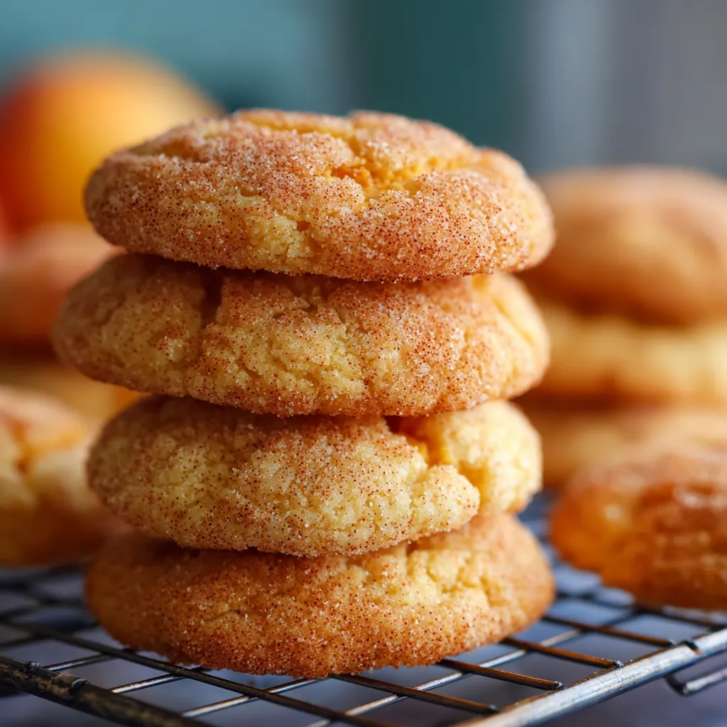 Close-up of soft, chewy peach snickerdoodle cookies coated in cinnamon sugar, with visible peach chunks.