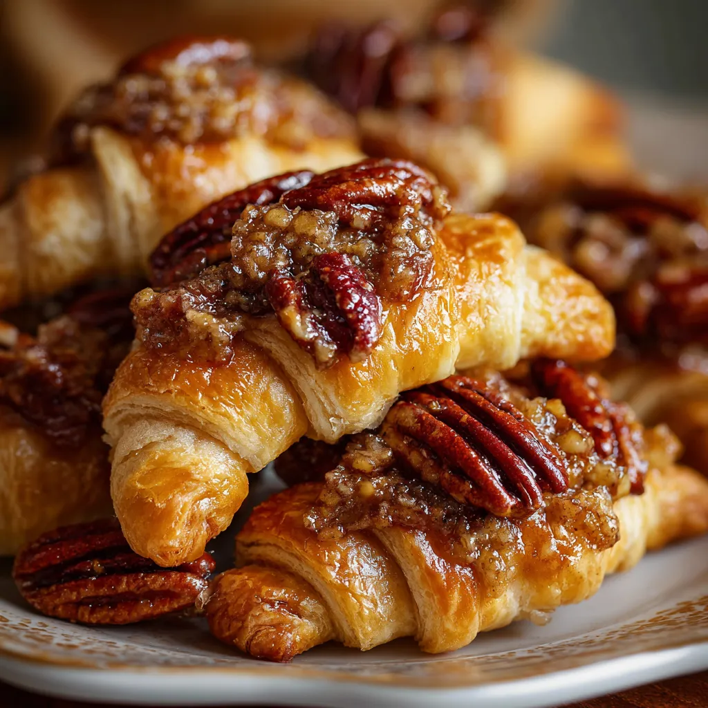 Freshly baked pecan pie crescents on parchment paper with golden crust and sticky pecan filling