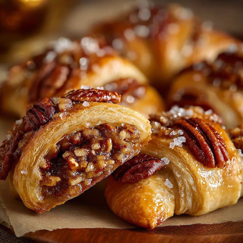 Freshly baked pecan pie crescents on parchment paper with golden crust and sticky pecan filling