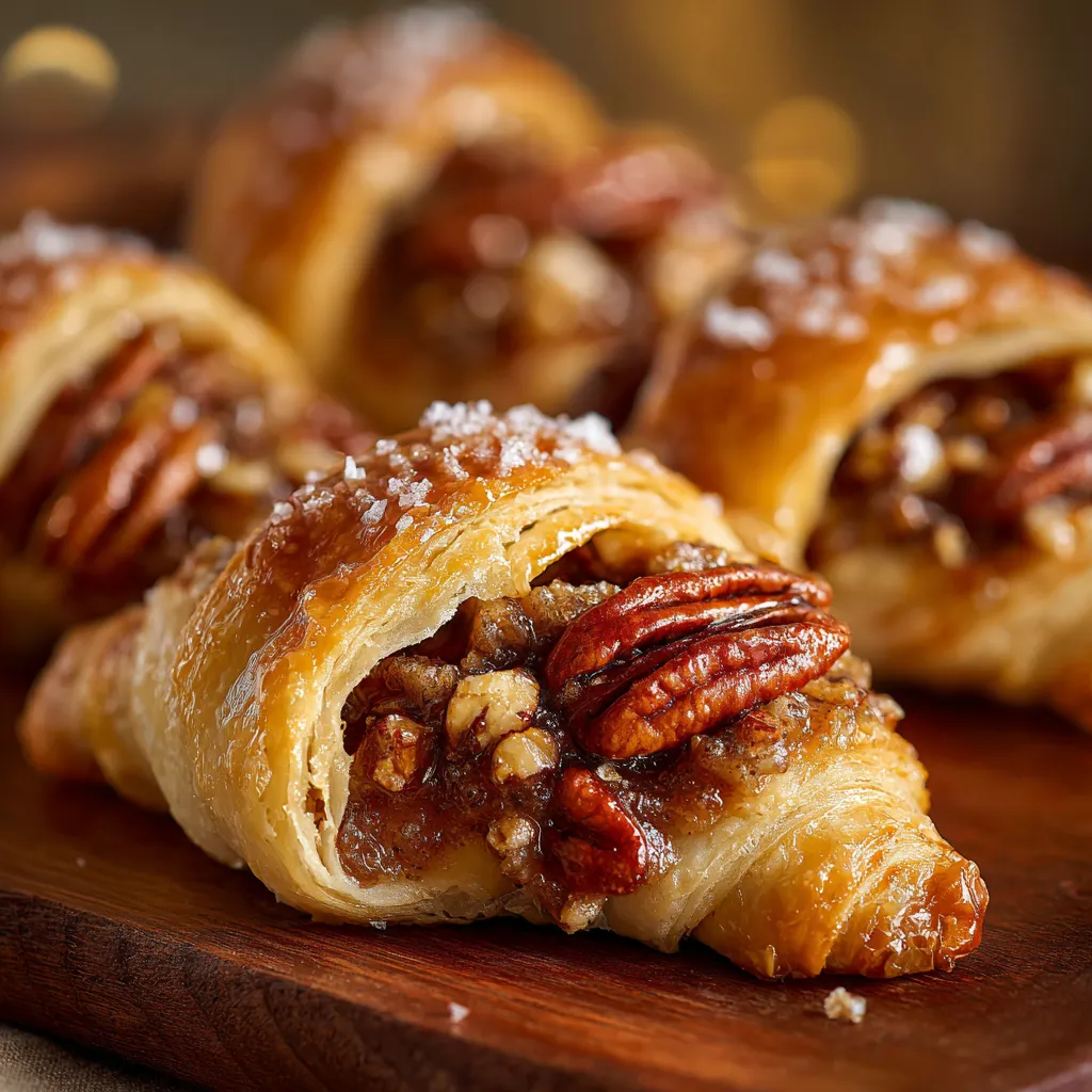 Freshly baked pecan pie crescents on parchment paper with golden crust and sticky pecan filling