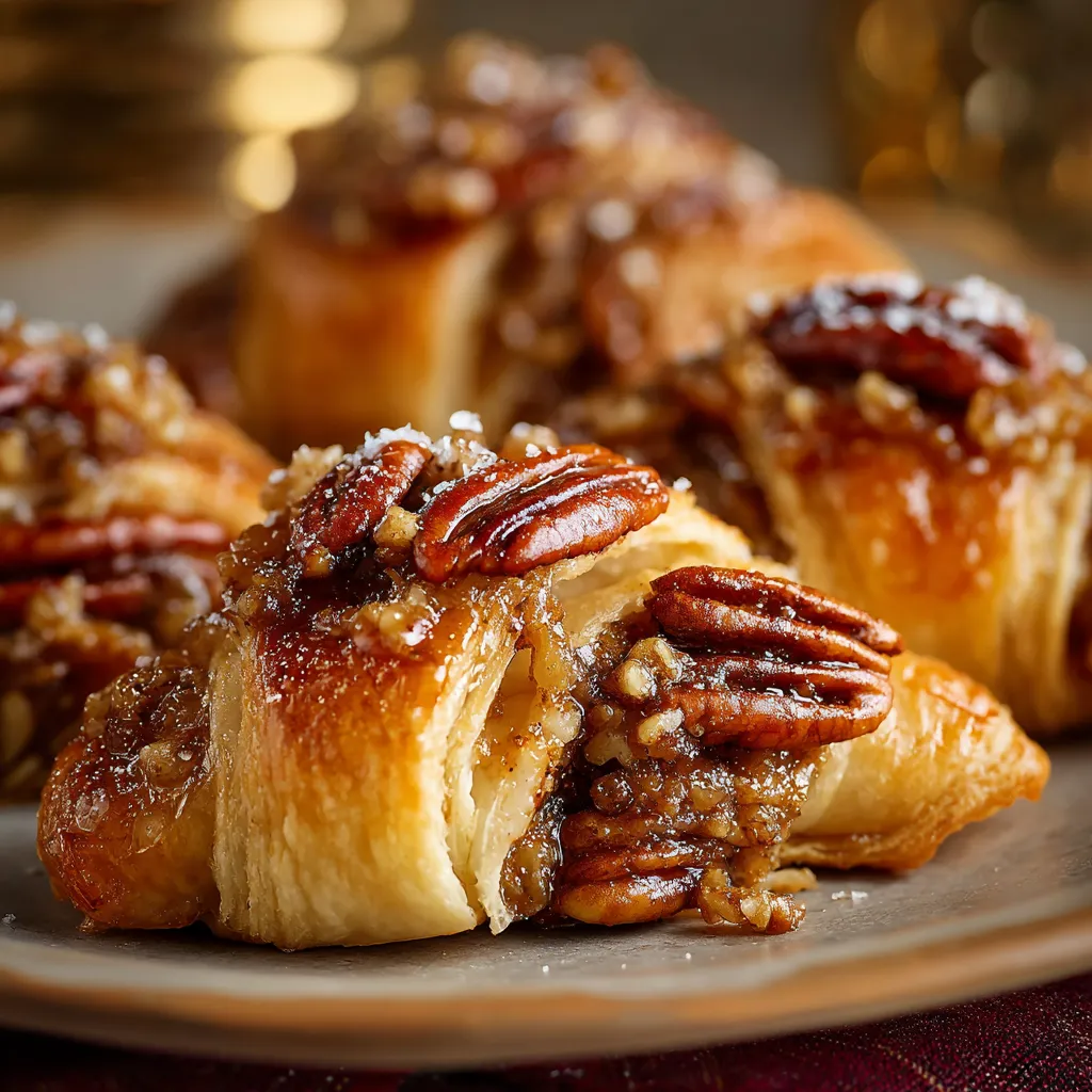 Freshly baked pecan pie crescents on parchment paper with golden crust and sticky pecan filling