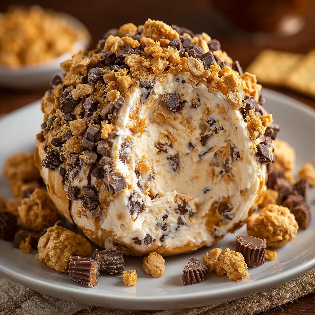 Reese’s Cheese Ball coated in chocolate and topped with chopped mini Reese’s, served with graham crackers