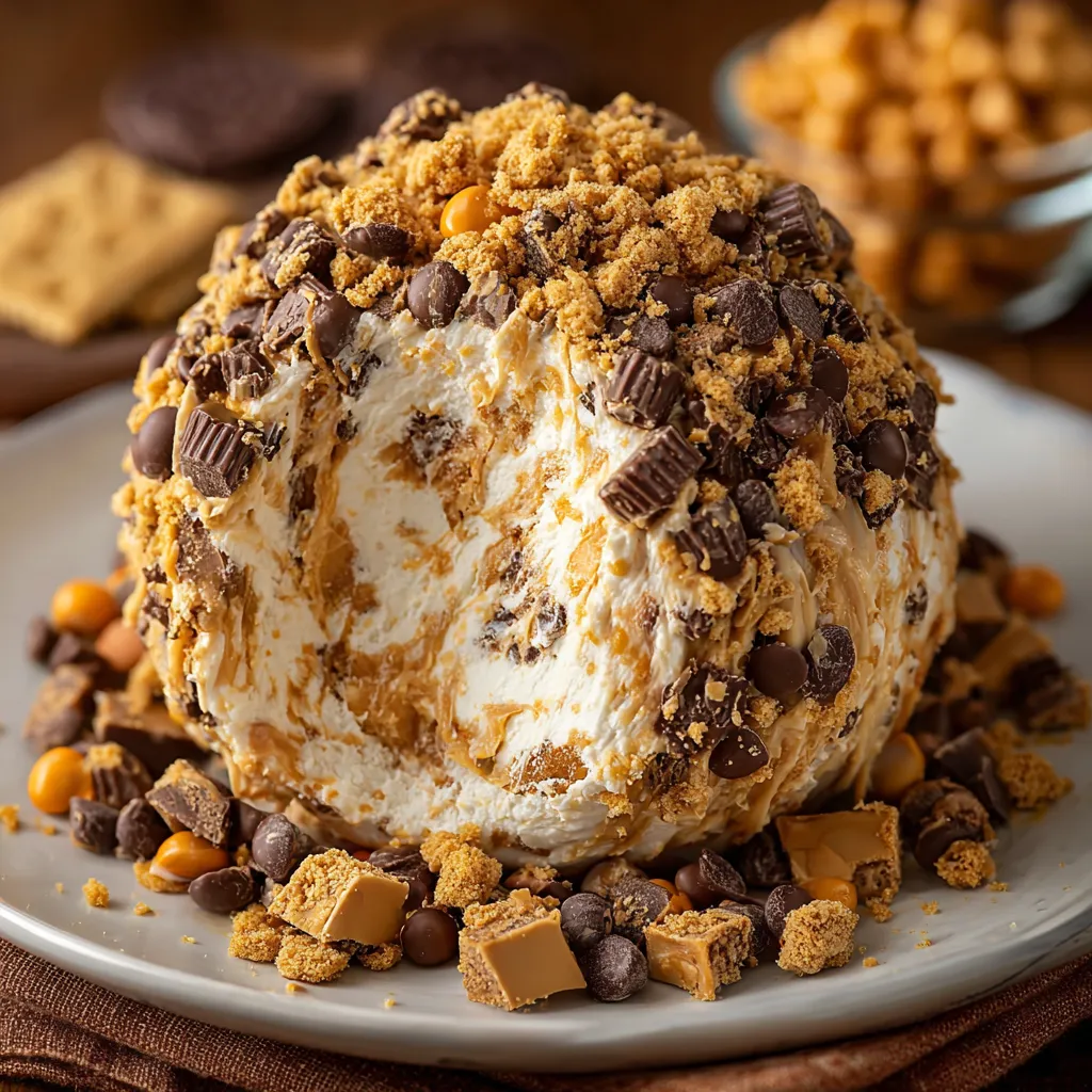 Reese’s Cheese Ball coated in chocolate and topped with chopped mini Reese’s, served with graham crackers