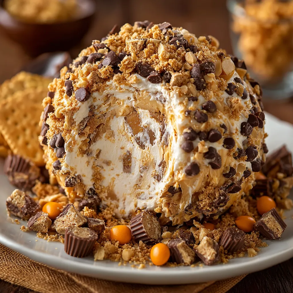 Reese’s Cheese Ball coated in chocolate and topped with chopped mini Reese’s, served with graham crackers