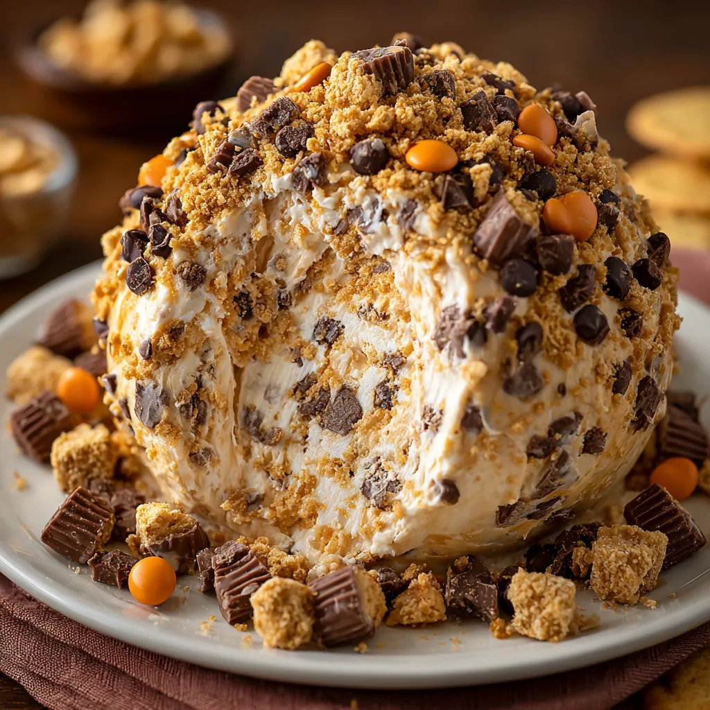 Reese’s Cheese Ball coated in chocolate and topped with chopped mini Reese’s, served with graham crackers