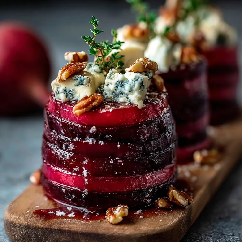 Roasted beet and blue cheese towers layered with toasted nuts and drizzled balsamic glaze on a white serving plate.
