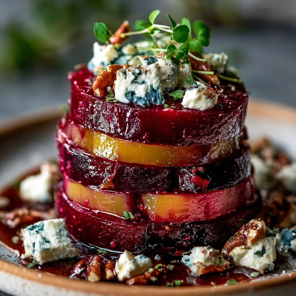 Roasted beet and blue cheese towers layered with toasted nuts and drizzled balsamic glaze on a white serving plate.