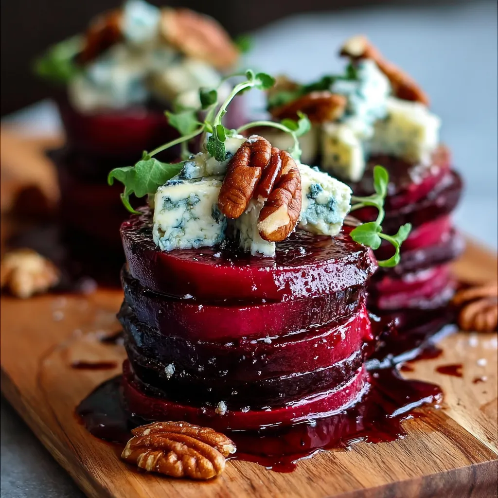 Roasted beet and blue cheese towers layered with toasted nuts and drizzled balsamic glaze on a white serving plate.