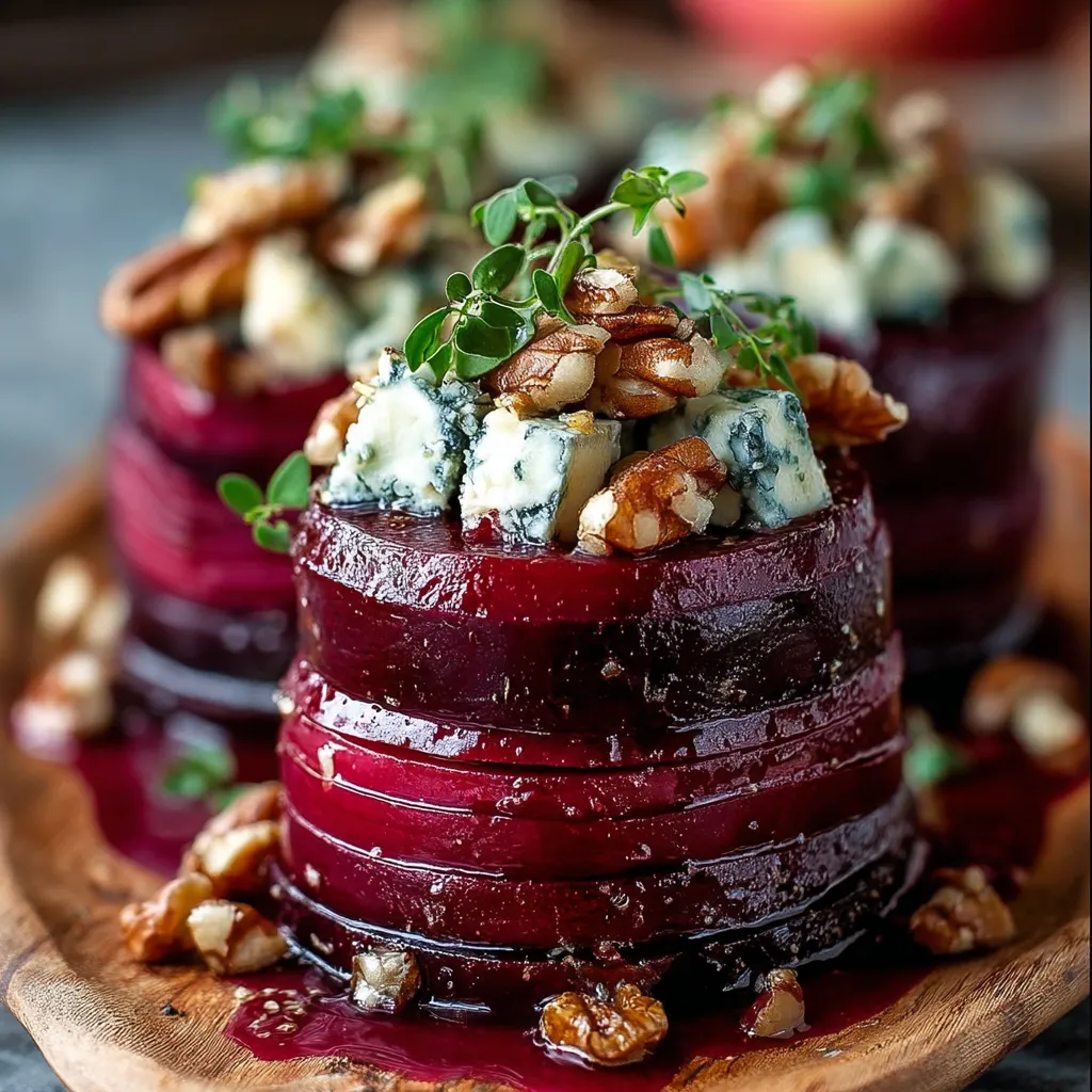 Roasted beet and blue cheese towers layered with toasted nuts and drizzled balsamic glaze on a white serving plate.