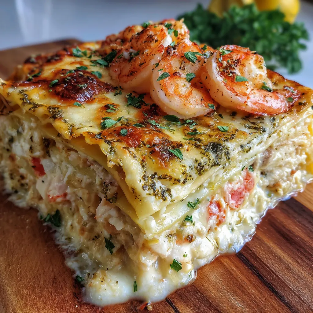 Seafood lasagna with shrimp and crab in a creamy white sauce, layered with noodles and topped with melted mozzarella cheese