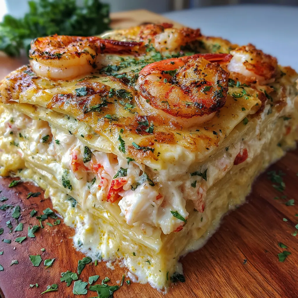 Seafood lasagna with shrimp and crab in a creamy white sauce, layered with noodles and topped with melted mozzarella cheese