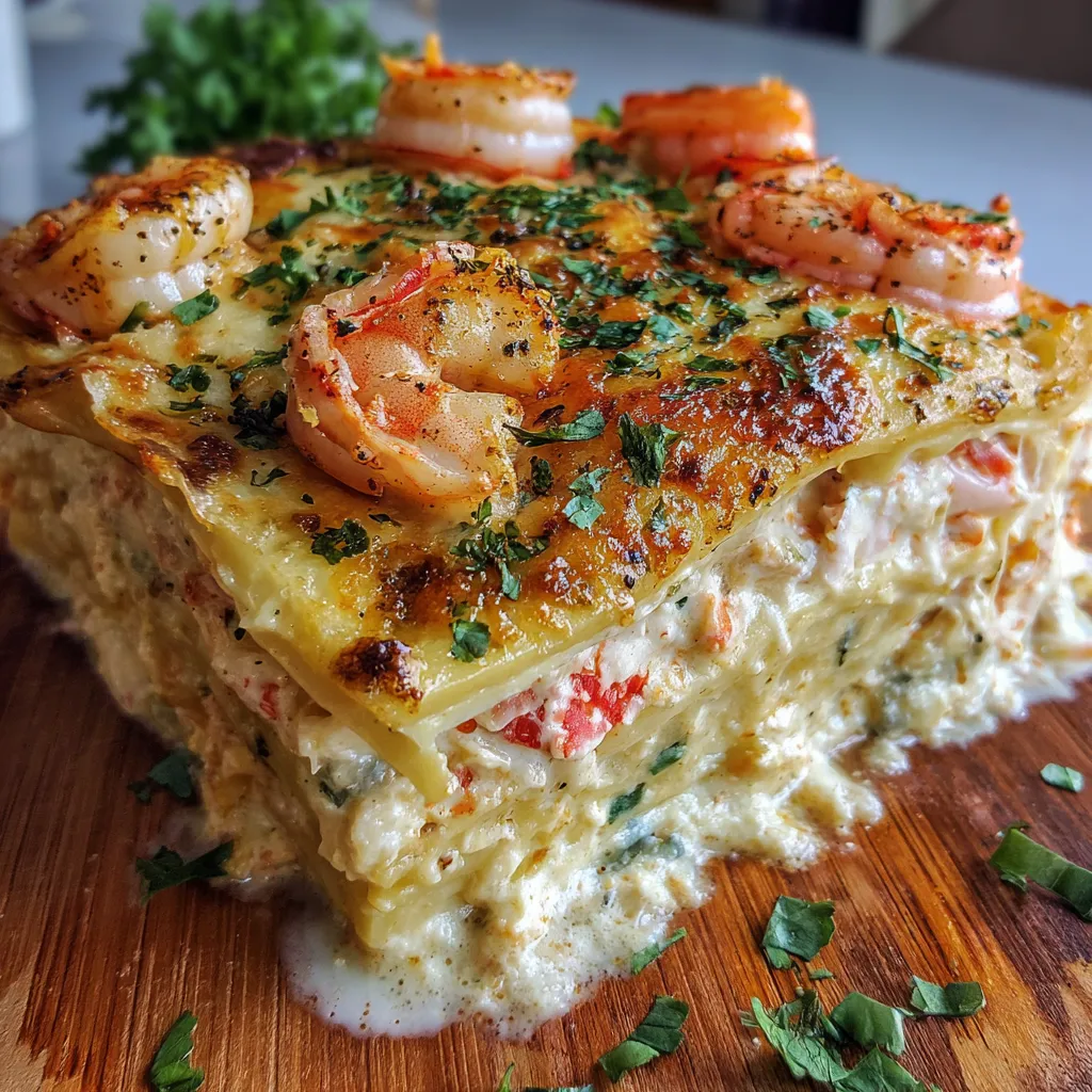 Seafood lasagna with shrimp and crab in a creamy white sauce, layered with noodles and topped with melted mozzarella cheese