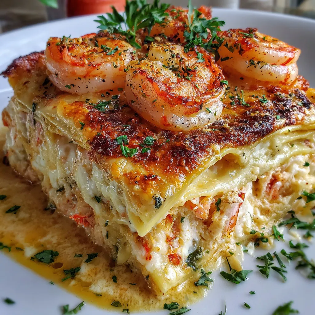 Seafood lasagna with shrimp and crab in a creamy white sauce, layered with noodles and topped with melted mozzarella cheese
