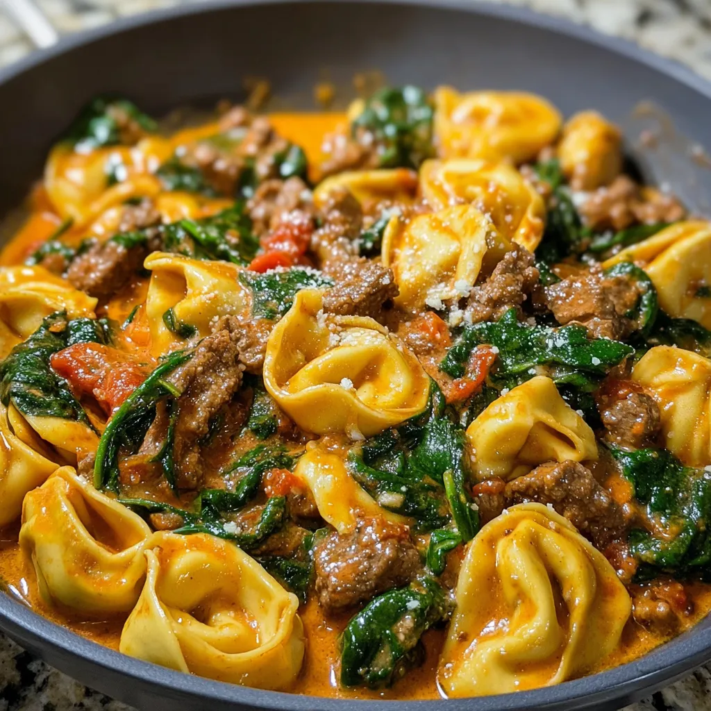 Spicy Garlic Beef & Spinach Tortellini in Creamy Cajun Sauce served in a skillet, garnished with Parmesan and parsley