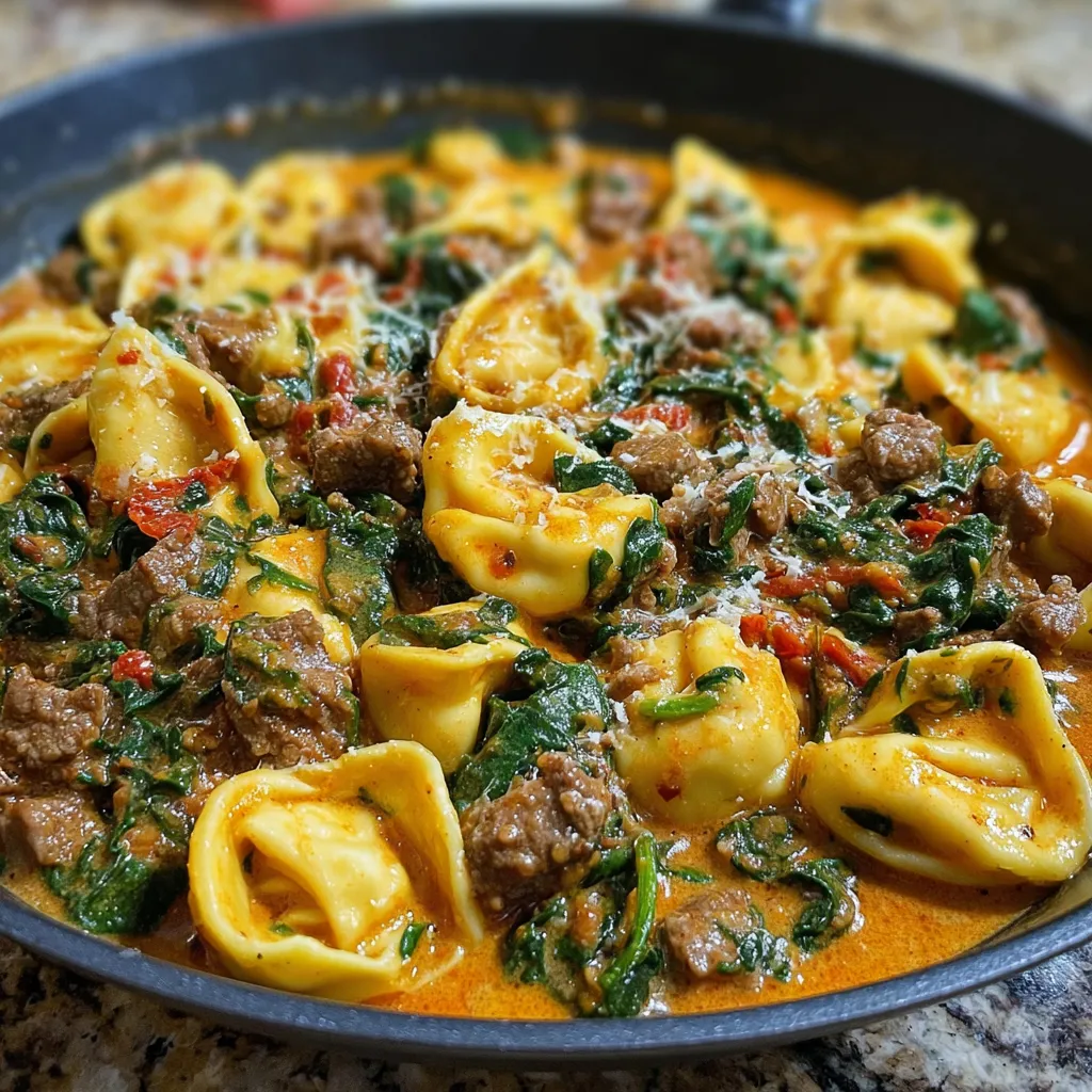 Spicy Garlic Beef & Spinach Tortellini in Creamy Cajun Sauce served in a skillet, garnished with Parmesan and parsley