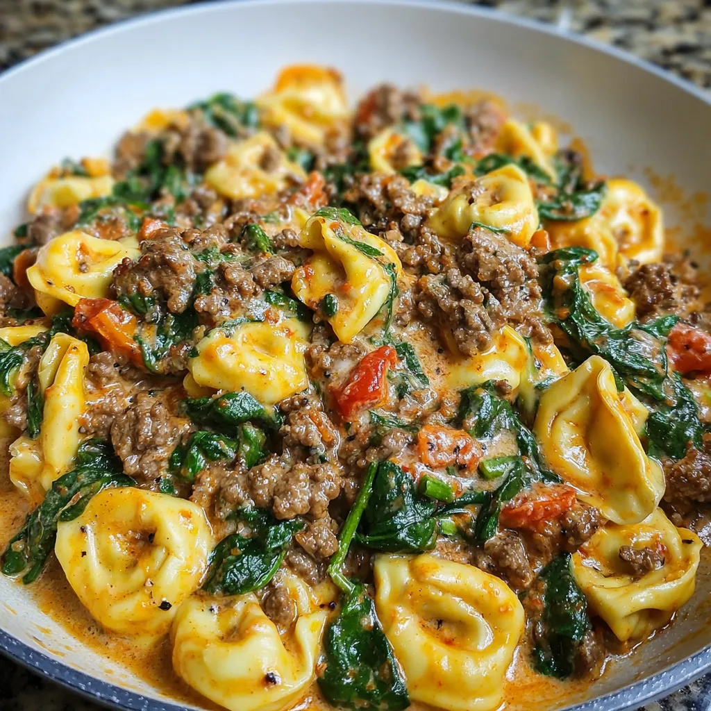 Spicy Garlic Beef & Spinach Tortellini in Creamy Cajun Sauce served in a skillet, garnished with Parmesan and parsley