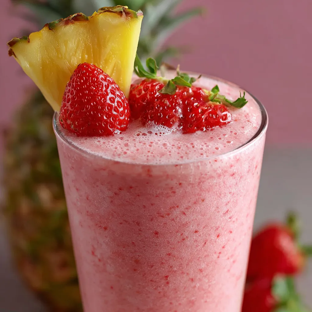 Strawberry Piña Colada Smoothie in a glass with pineapple and strawberry garnish, creamy and frosty tropical drink.